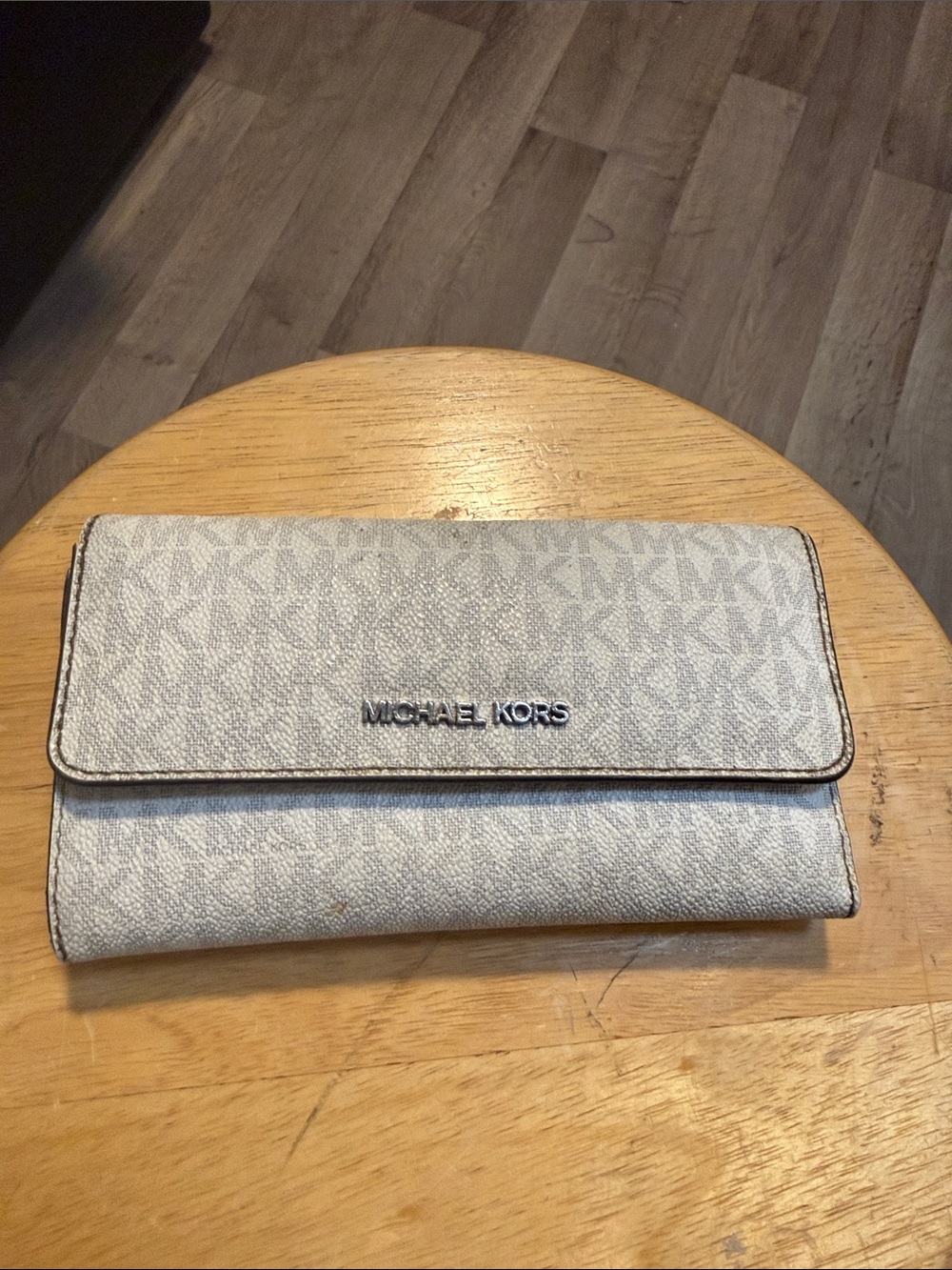 Michael Kors Beige Signature Continental Wallet with Silver Logo